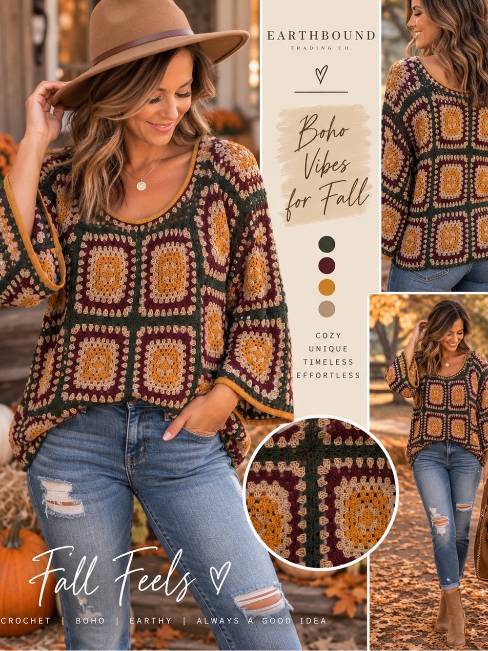 Earthbound Crochet Granny Square Boho Bell Sleeve Top XL